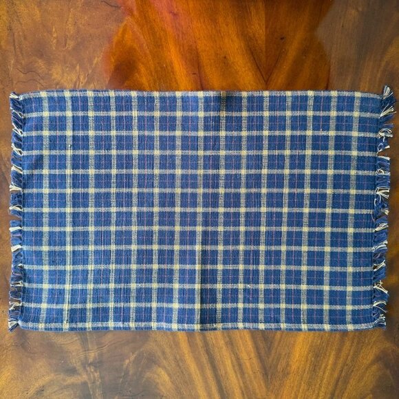 4 Woven Placemats Blue Plaid Beige Fringe 21 x 13 Cotton - Picture 5 of 10